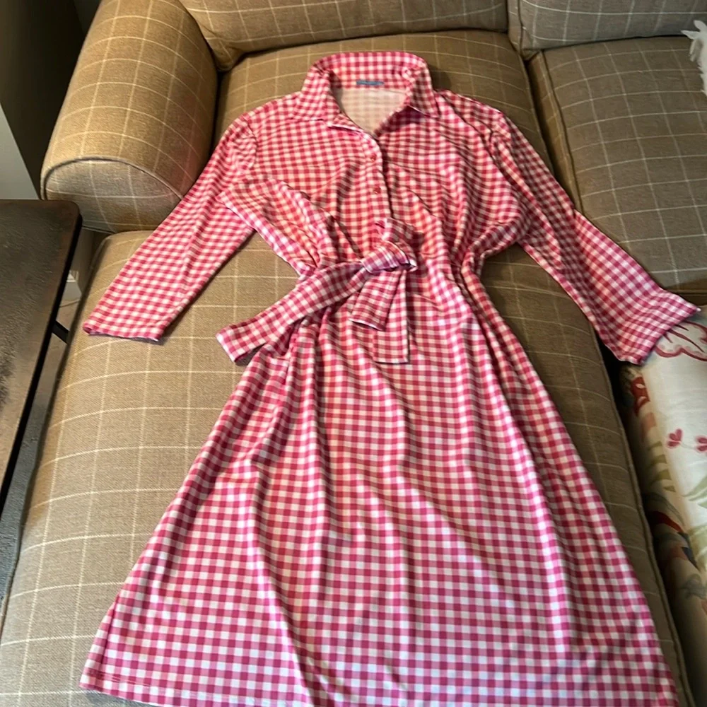 J. McLaughlin (2 dresses) Pink Gingham & Tan Check Shirt Dresses - Picture 2 of 10